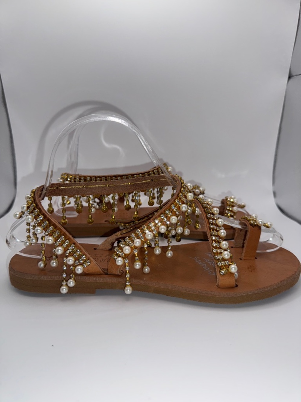 Innovative Greek Sandals GSP Real Leather Pearl Rhinestone Gold Flat Sandal - Picture 4 of 16